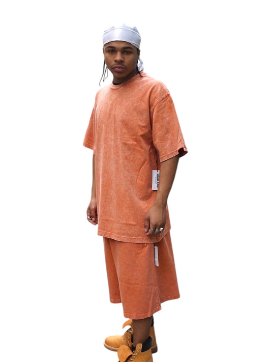Orange Acid Wash T-Shirt & Shorts Set