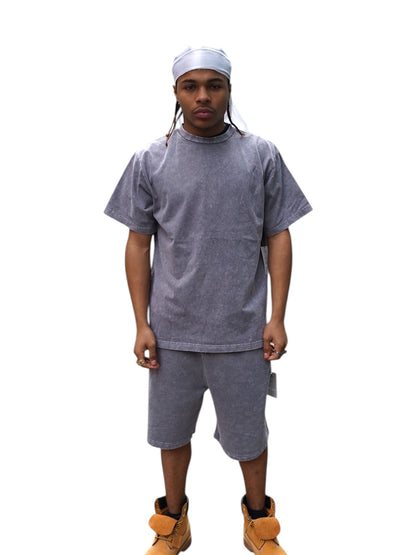 Grey Acid Wash T-Shirt & Shorts Set