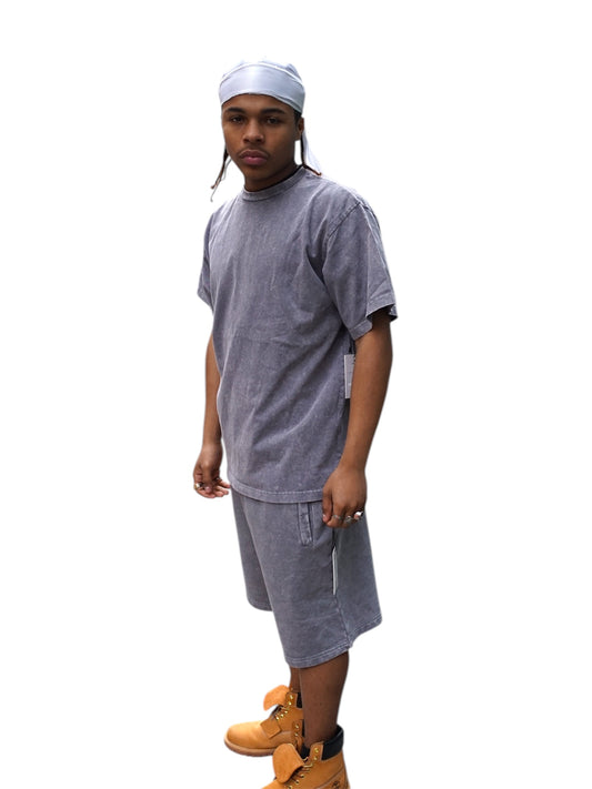 Grey Acid Wash T-Shirt & Shorts Set