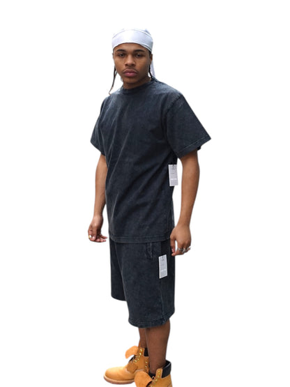 Black Acid Wash T-Shirt & Shorts Set
