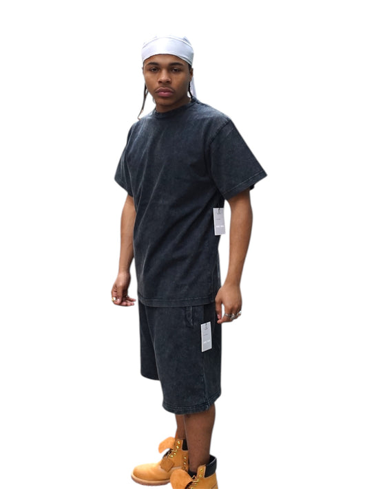 Black Acid Wash T-Shirt & Shorts Set