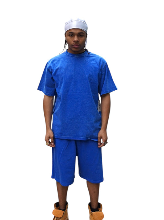 Blue Acid Wash T-Shirt & Shorts Set