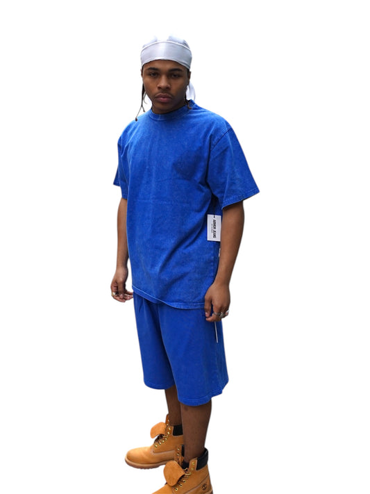 Blue Acid Wash T-Shirt & Shorts Set