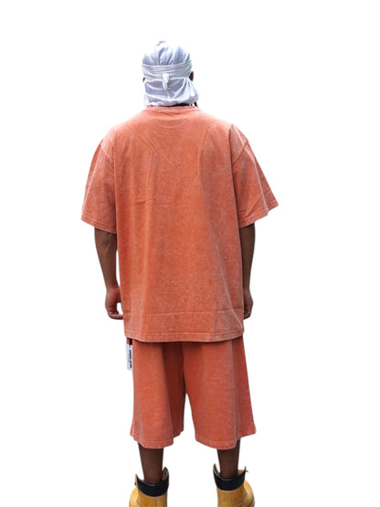Orange Acid Wash T-Shirt & Shorts Set